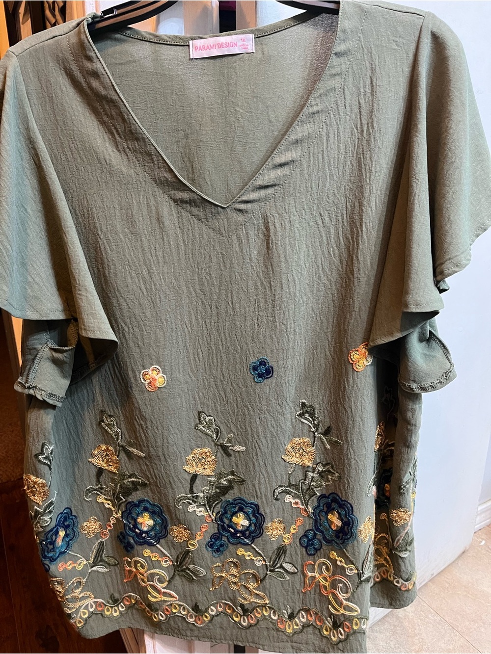Olive Green Embroidered Flutter Tunic